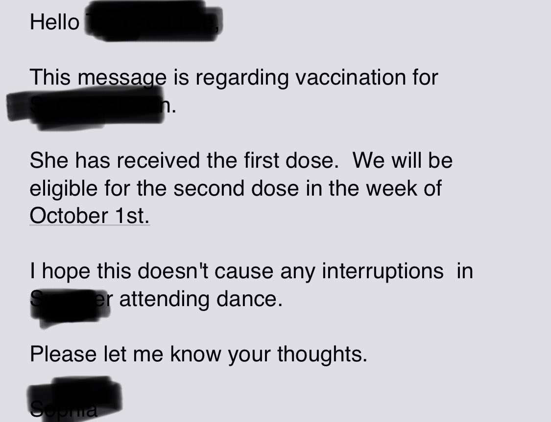 Our members in York are having to deliver the heartbreaking news that dancers cannot return to class even if they have received their first dose, or plan to get their second one this week. Can <a href="/PaulCalandra/">Paul Calandra</a> or <a href="/YorkRegionGovt/">York Region</a> explain this to a 12 year old? <a href="/CFIB/">Dan Kelly</a> <a href="/starbeer/">josh rubin</a> <a href="/CP24/">CP24</a>