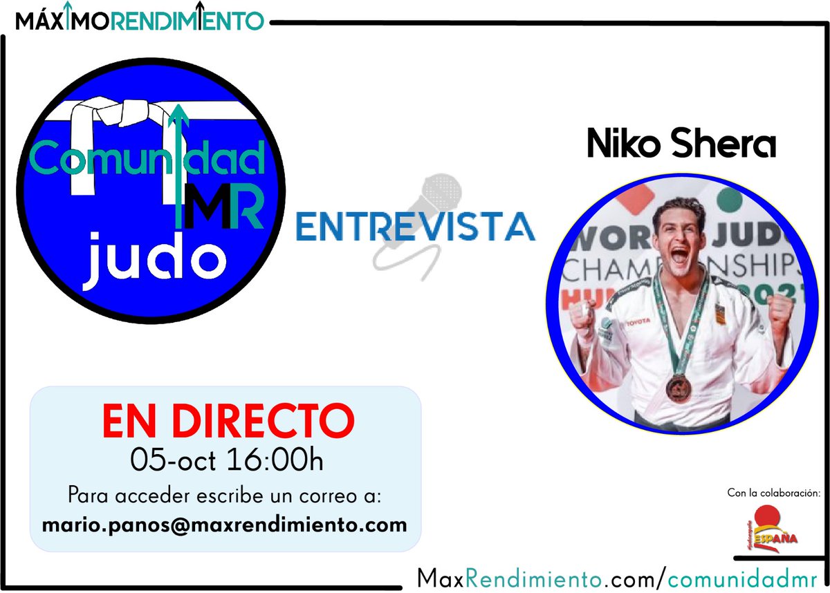 La <a href="/rfejyda/">R.F.E.J.Y.D.A.</a>, junto con <a href="/Max_Rendimiento/">Máximo Rendimiento</a>  y su #ComunidadMR os invitamos a una entrevista con <a href="/NSheraPodium/">Nikoloz Shera</a>, donde hablaremos de la preparación mental necesaria para un judoka de élite