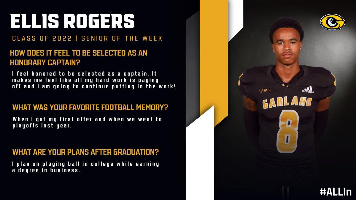 Garland Owls (@owl_football) on Twitter photo Introducing our week 6 honorary captain <a href="/ellisrogers_/">Ellis Rogers</a> This young man is a 3 year starter at WR, a natural play maker and a guy who leads by example each and every day #ALLIn #WeWillWin <a href="/AA_Eagles/">Austin Academy</a> <a href="/Bussey_Owlets/">Bussey Middle School</a> <a href="/GHS_Owls/">Garland High School</a> Introducing our week 6 honorary captain <a href="/ellisrogers_/">Ellis Rogers</a> This young man is a 3 year starter at WR, a natural play maker and a guy who leads by example each and every day #ALLIn #WeWillWin <a href="/AA_Eagles/">Austin Academy</a> <a href="/Bussey_Owlets/">Bussey Middle School</a> <a href="/GHS_Owls/">Garland High School</a>