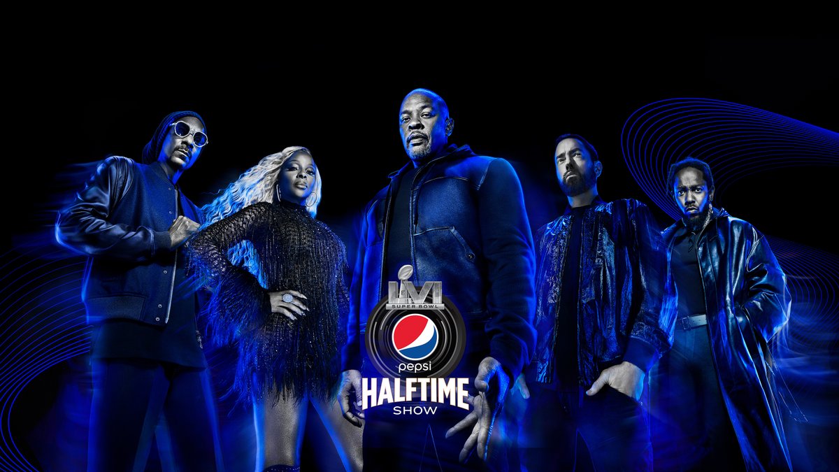 NFL's tweet image. 43 Grammys, 19 No. 1 Billboard albums and 5 legendary artists on the biggest stage in Los Angeles for the #SBLVI #PepsiHalftime show. 🎤 @drdre @SnoopDogg @Eminem @maryjblige @kendricklamar @pepsi @RocNation @NBCSports