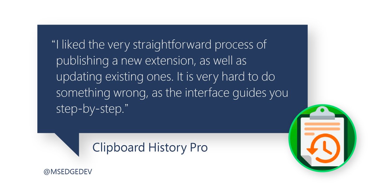 MSEdgeDev's tweet image. Extensions developers, have you started publishing your extensions on Microsoft Edge yet? Learn what the creators of @ClipboardExt had to say about the process. 
#EdgeExtensions