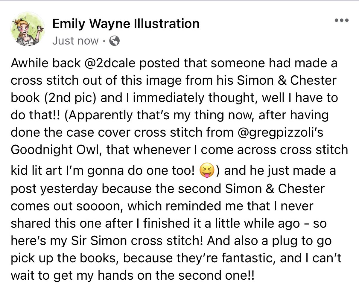 heyemilywayne's tweet photo. I’m too wordy for Twitter’s character count, I always have to post a screenshot of my caption from somewhere else 😂 

Anyway, made this new cross stitch from @2dCale’s Simon &amp; Chester series!

#simonandchester #sirsimonsuperscarer #crossstitch #kidlitcrossstitch https://t.co/anO2hUjvbI