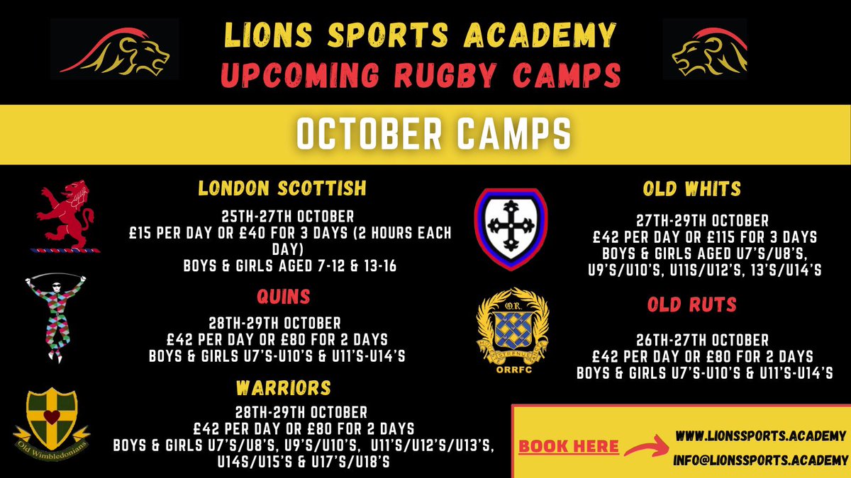 LionsSAOfficial's tweet photo. 🚨 𝐎𝐂𝐓𝐎𝐁𝐄𝐑 𝐂𝐀𝐌𝐏𝐒 🚨

We are delighted to be running Rugby Camps at 5 fantastic clubs during the October half-term. 

Book today and receive a 10% discount - code: October2021

To join us 👉 https://t.co/cbjLWkRiBS

🦁 #Lions | #rugby #October #halfterm #camp https://t.co/D1RemLI908