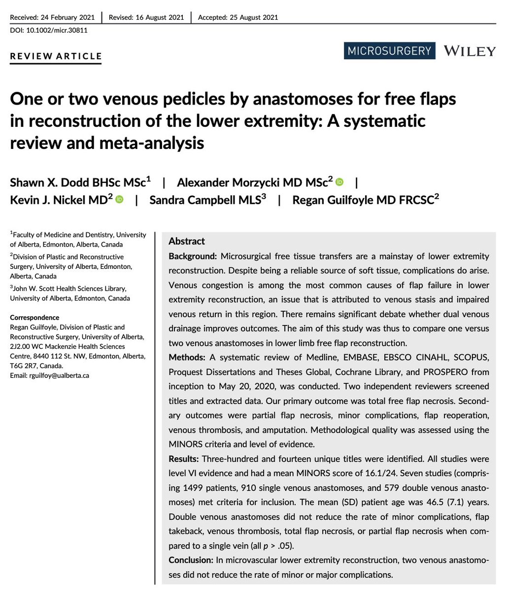 Meta-analysis from my <a href="/UAlbertaSurgery/">University of Alberta Surgery Department</a> colleagues confirms that 2 venous anastomoses are not superior to 1 in lower extremity free flap reconstruction #microsurgery #plasticsurgery bit.ly/2YcJV28
