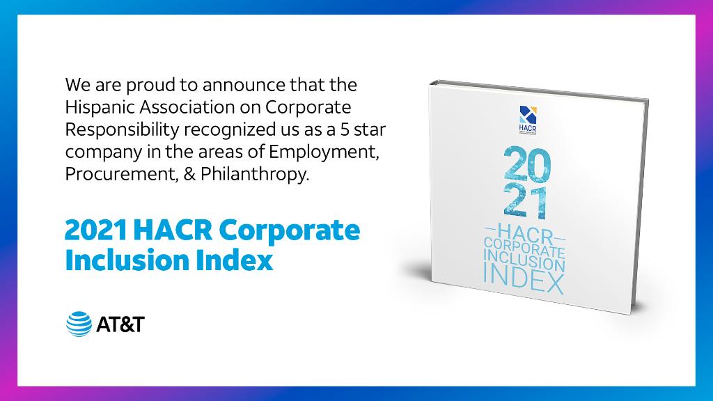 ATTNEWS's tweet photo. We're proud to have received excellent scores for Hispanic inclusion in Corporate America in the areas of Employment, Procurement, and Philanthropy in this year’s @HACRORG Corporate Inclusion Index (CII). https://t.co/XmJjs7jv7c #HispanicHeritageMonth https://t.co/272sX02Bp2
