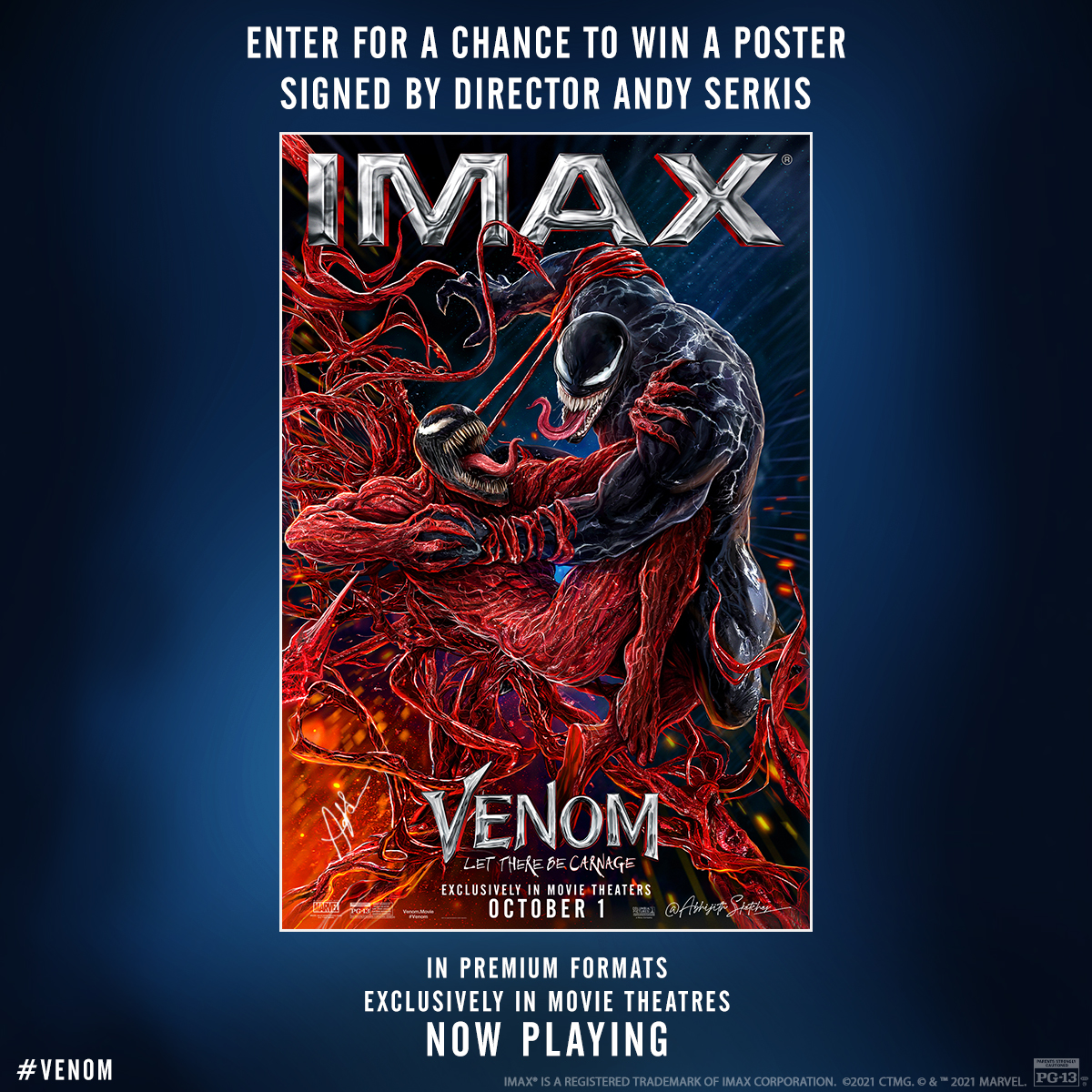 ChineseTheatres's tweet photo. RT &amp; follow to enter to win a @VenomMovie poster signed by director @AndySerkis! First #VenomLetThereBeCarnage @IMAX shows are TONIGHT! Click for showtimes and to reserve your seats - https://t.co/jC5pPm19Uv https://t.co/loYBCPjtk9