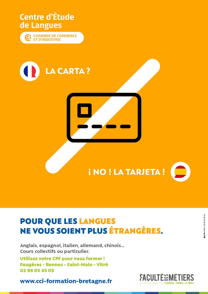 ExPrecontact's tweet photo. 🌎C’est la journée mondiale de la traduction ! L’occasion de vous afficher notre dernière campagne réalisée pour la @facdesmetiers – CCI Ille-et-Vilaine. Le dispositif interpelle sur les besoins de se former aux langues étrangères, grâce au CPF. Do you speak formation ? https://t.co/al8dM06oCg