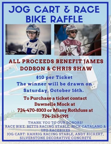 Meadows_TV's tweet photo. Several of our Meadows horsemen have stepped up to help James &amp; Chris. Even if you’re not a trainer, consider buying a ticket…if you win, I’m sure the bike/cart will be easy to sell! https://t.co/jFCz8Rlne8