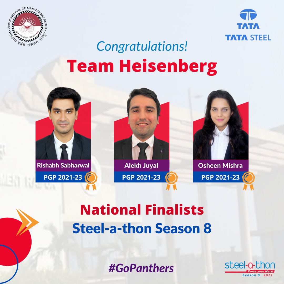 iimraipur's tweet photo. IIM Raipur is proud of its students Rishabh Sabharwal, Alekh Juyal, Osheen Mishra for being the National Finalists of the Tata Steel-a-thon Season 8. We congratulate them and wish them luck for the upcoming National Finals.
#IIMRaipurOfficial #iimraipur #tata #steelathon https://t.co/tx13m6Ayj7