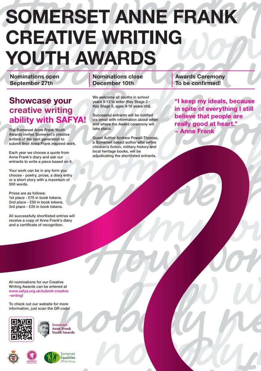 Why not showcase your creative writing ability with the Somerset Anne Frank Creative Writing Youth Awards? ✍️ All you need to do is write a piece based on one of the chosen quotes from Anne Frank's diary. Please see below for more details 👇