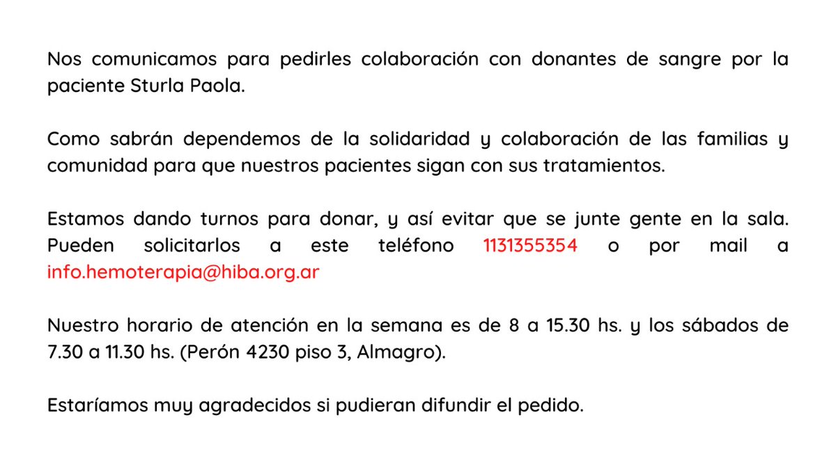 #ServicioPúblico | Para la paciente Sturla Paola en el Hospital Italiano, se necesitan donantes de sangre.

En este link pueden leer los requisitos para colaborar:
www1.hospitalitaliano.org.ar/#!/home/hemote…