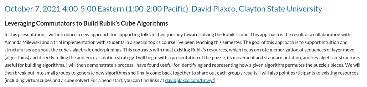 TMWYFriends's tweet photo. We hope you'll join us next week for David Plaxco @cubes_art telling us about "Leveraging Commutators to Build Rubik’s Cube Algorithms" https://t.co/cI4zXj2esj