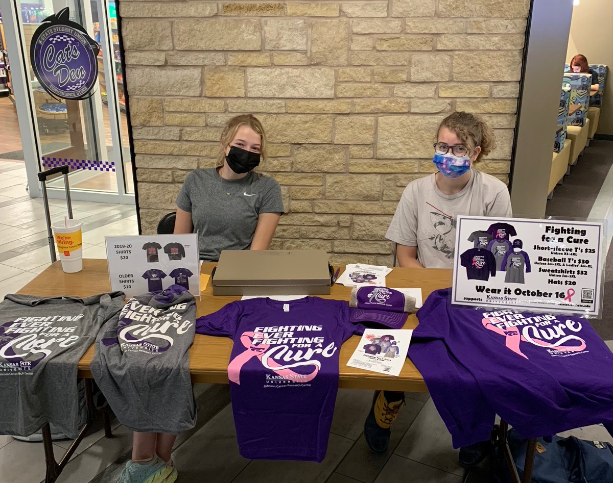 KStateCancerRes's tweet photo. Get your Fighting for a Cure shirt or hat from
@KSUCancerFight Nikole & Abigail in the @kstate_union until 12:45 today! Older styles are only $10! Unite in wearing them Oct. 16! They'll be sold at the Union again 11-1:00 10/7. Info: https://t.co/bxwlS4jMMd
#HelpKStateFightCancer https://t.co/Yi5ejP0W2h