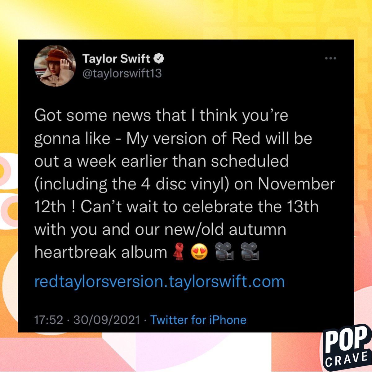 PopCrave's tweet photo. 🚨 Taylor Swift reveals that ‘Red (#TaylorsVersion)’ will now be released a week early, on November 12th. https://t.co/QnUiBLES6p