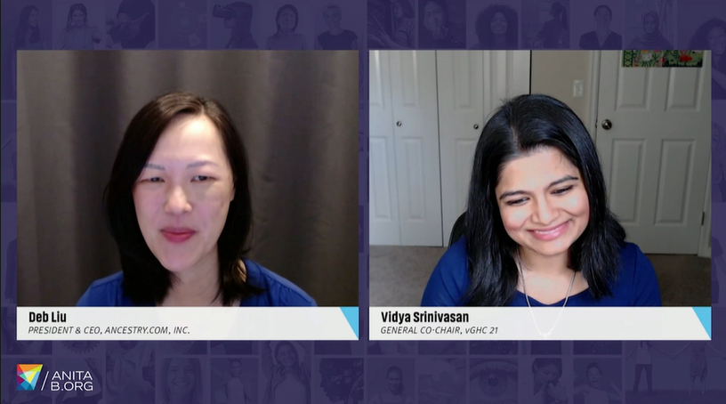"If you don't know where you want to go, how will you get there?" - Deb Liu of Ancestry.com, with <a href="/VidSrinivasan/">Vidya Srinivasan</a> in the #vGHC21 session, "Building Your Career Beyond Your Job."

Such a great point in urging us on the need to drive and own our careers. #WomeninTech