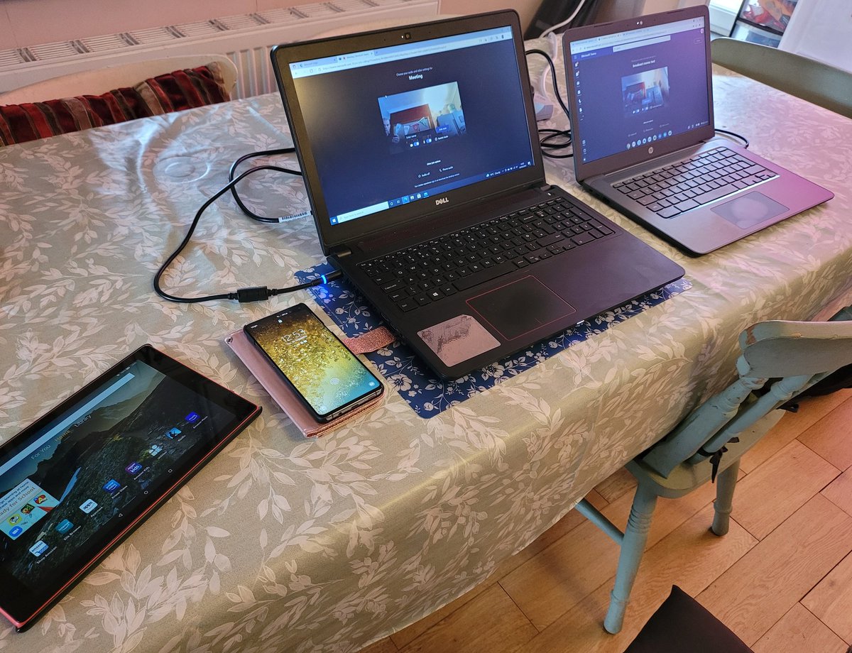 nhsmarkrowe's tweet photo. How many devices does it take two L &amp; OD Facilitators to test Breakout Rooms in MS Teams? Icluding a trust desktop pc and laptop (not shown) - I make it 6.  @Carr1Rach @WEDoOD_UHP https://t.co/IKyheYALku