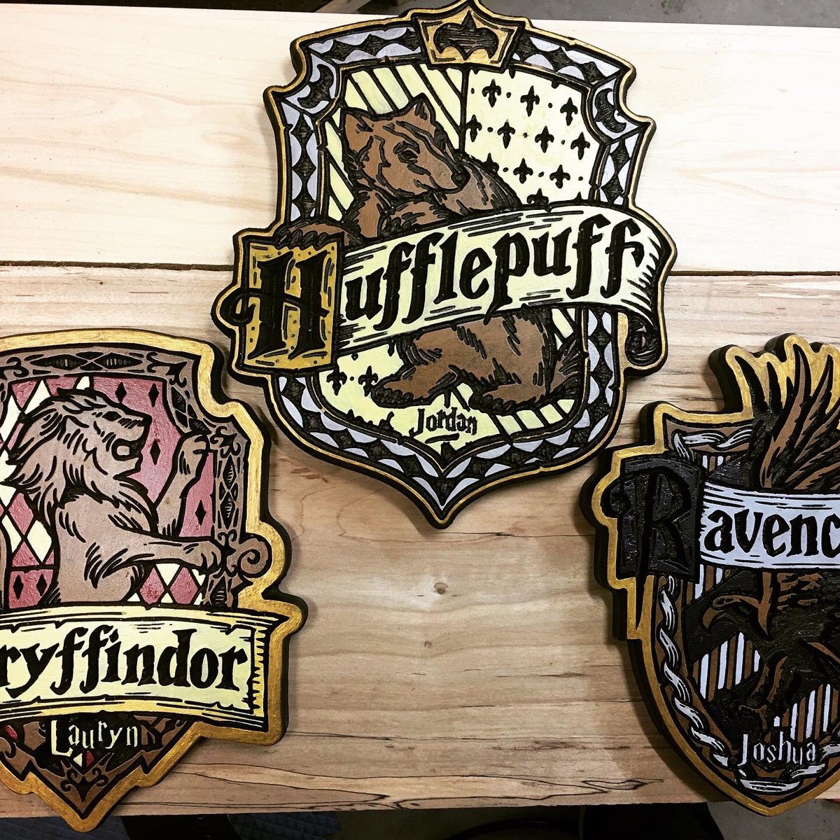 stephenswworks's tweet photo. Throwback to some #HarryPotter house signs I made my kiddos. CNCd in MDF and then hand painted. No Slytherin. #potterhouse #gryffindor #hufflepuff #Ravenclaw https://t.co/LFeaSEadCj