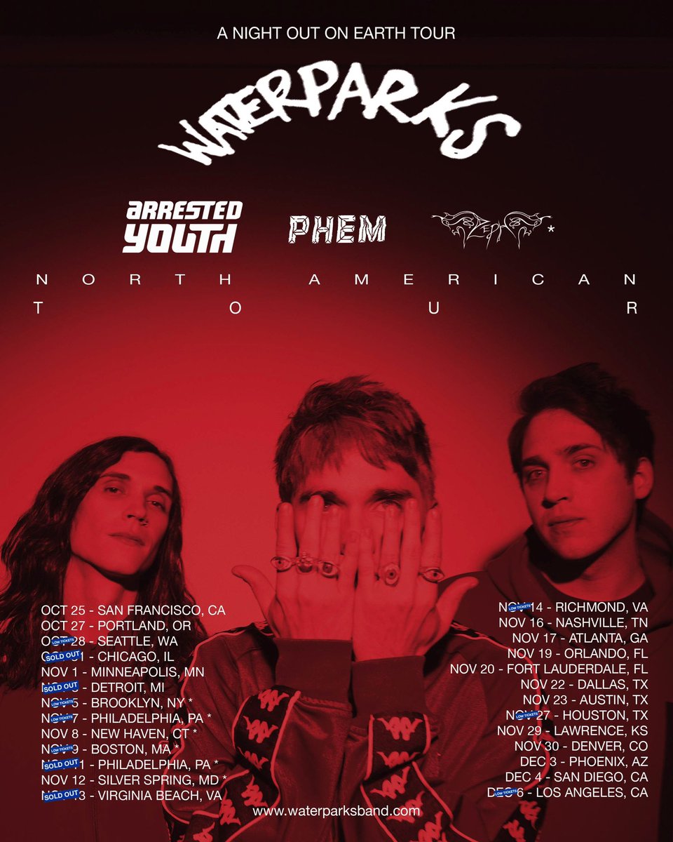 waterparks's tweet photo. A NIGHT OUT ON EARTH TOUR FEAT @ARRESTEDYOUTH @PHEM4EVR @ZEPHANIJONG 

+ MAY ADD SPECIAL GUESTS HERE AND THERE. YALL SAY HI. 

get your tickets now: https://t.co/EKXdUAFE8R https://t.co/fqRWDHKqaH