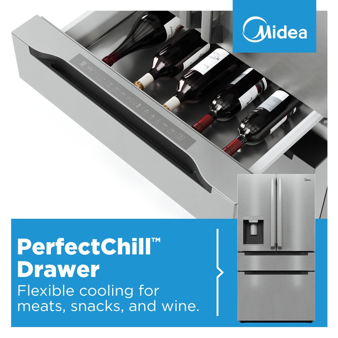 The new #Midea 4-Door French Door Fridge with PerfectChill drawer features flexible storage and adjustable temperature from 30 degrees for meats and seafood, up to 41 degrees for perfectly chilled wine.
#Wine #Makeyourselfathome #Home #Entertaining