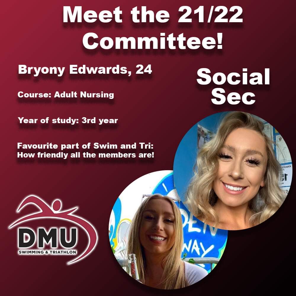 Introducing our newest committee member Bryony Edwards as interim social sec! if you want to be a social sec or our treasurer let us know! #socials #swimming #dmu #freshers