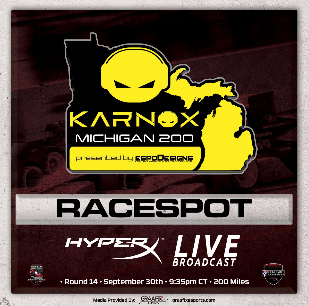 LionheartSeries's tweet photo. Round 14 of the Lionheart Retro Series is tonight for the Karnox Michigan 200 Presented by Espo Design

Pre-race begins at 9:35PM CST 
https://t.co/boHFtvYBwI

@karnoxchair  @hyperx @graafixdesign @TheButtKicker  @SimXperience 

#iracing #Lotus79 #esports #esportsgaming #HyperX https://t.co/0MpZfUA2c4