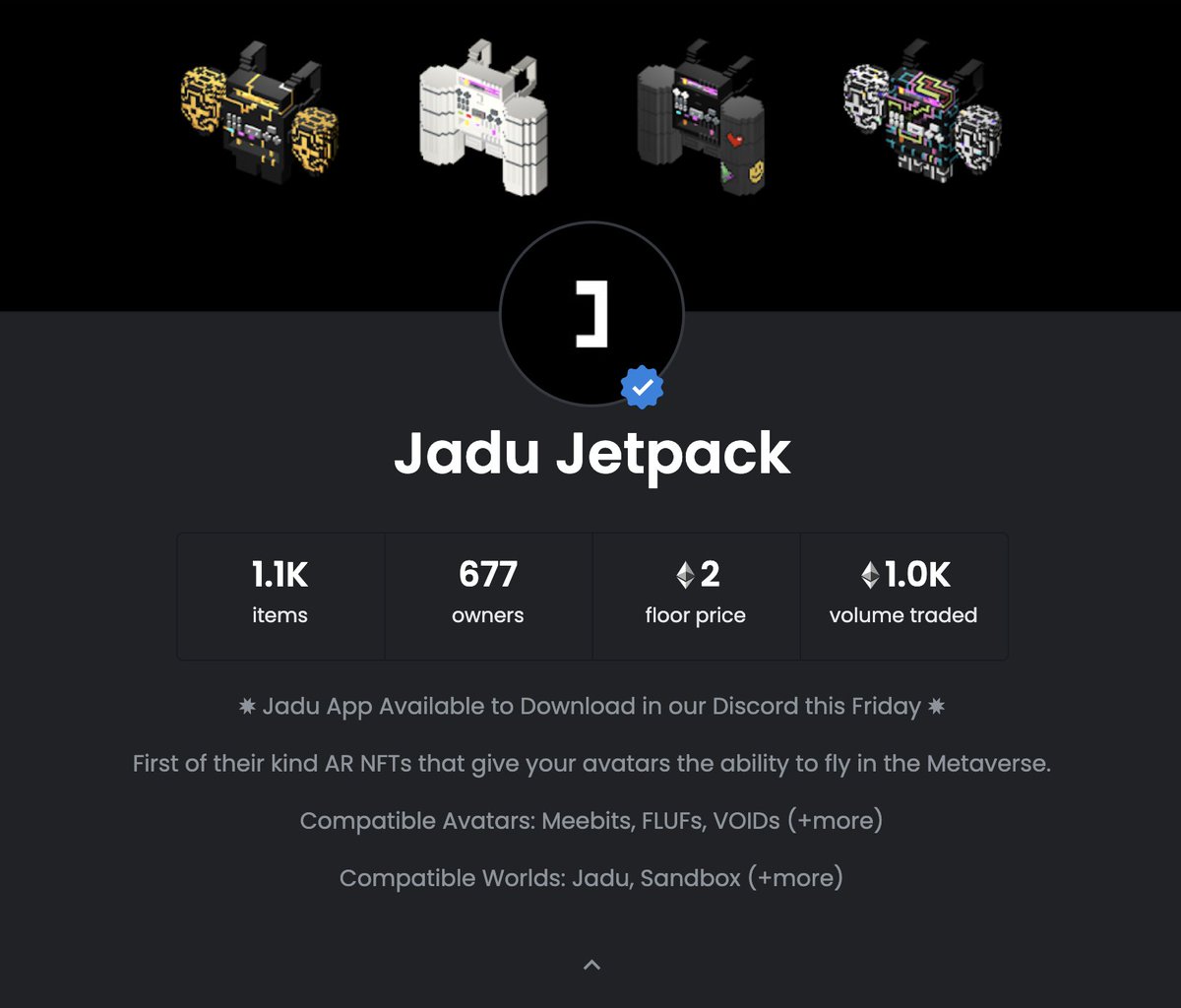 Jadu_AR's tweet photo. We just hit Ξ1.0K in volume exactly 24hrs before Beta App Release!

Cop a Jetpack to fly tomorrow: https://t.co/vk6LLrnaie https://t.co/E4u8ImTXAD
