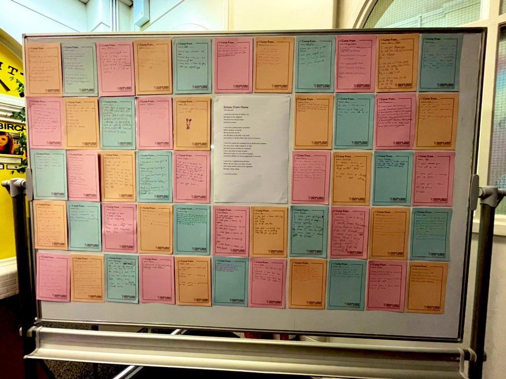 FCGS_English's tweet photo. We’d like to say a massive thank you to all the Year 6 visitors who stopped by the @FulhamCross English Department to create and share their own ‘Echoes From Home’ poems with us, all inspired by former student Fadail’s work. We hope to see you in September 2022! #OpenEvening https://t.co/F4lgE9MmXZ
