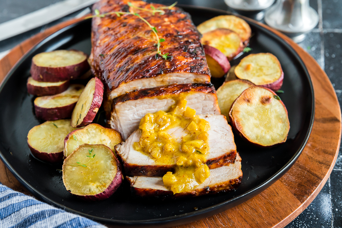 Easiest dinner ever! Air Fryer Pork tenderloin with tender sweet potatoes and a delicious mustard sauce over the top! #fallflavors  #airfryer westviamidwest.com/air-fryer-pork…