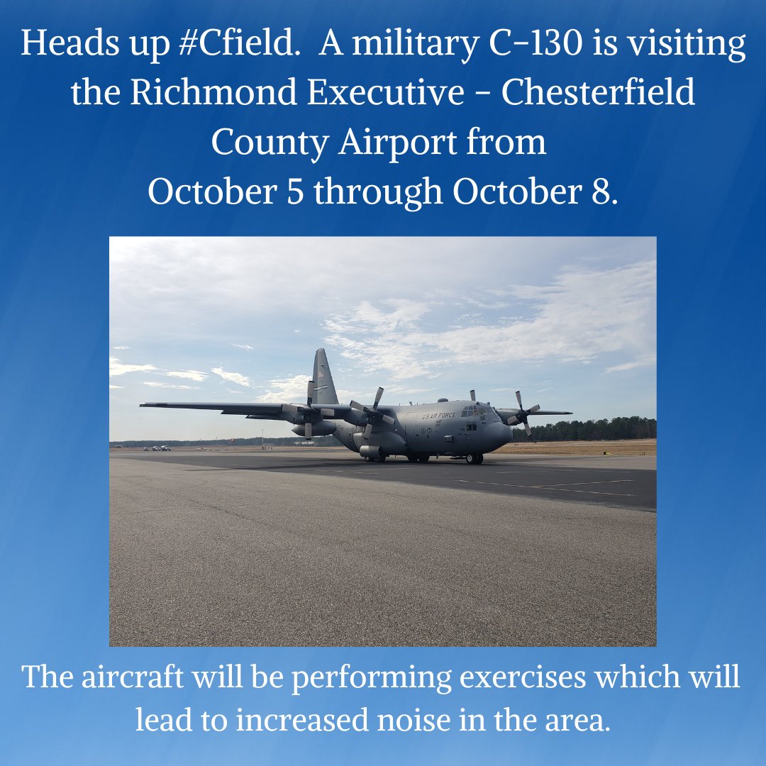 FlyRichmondExecutive (@flyrichmondexec) on Twitter photo A military C-130 will be visiting the Richmond Executive - Chesterfield County Airport October 5 - October 8. #flyrichmondexec #richmondexecutiveairport <a href="/flyrichmondexec/">FlyRichmondExecutive</a> A military C-130 will be visiting the Richmond Executive - Chesterfield County Airport October 5 - October 8. #flyrichmondexec #richmondexecutiveairport <a href="/flyrichmondexec/">FlyRichmondExecutive</a>