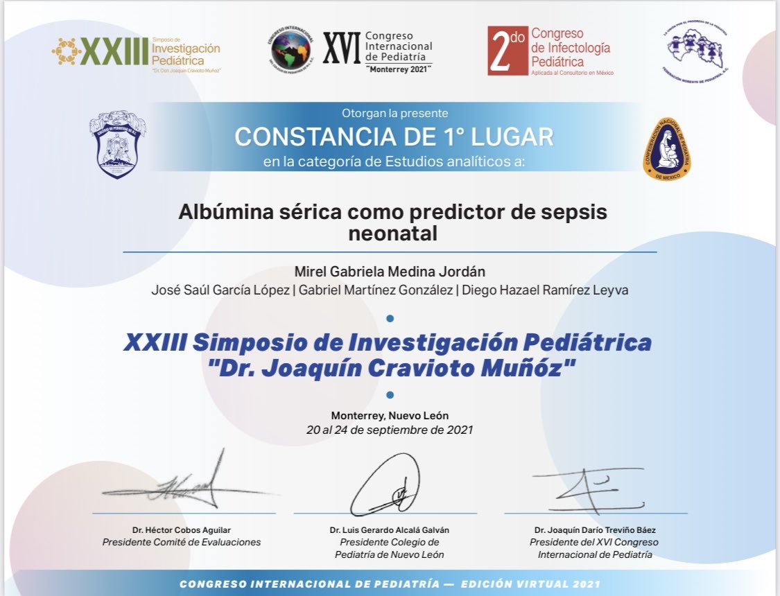 joaquindtb's tweet photo. Mi felicitación a la Dra. Mirel Gabriela Medina Jordán, Residente de Neonatología de la UMAE HGO No. 23 del IMSS en Monterrey N. L. Por su primer lugar en los trabajos del Simposio de Investigación  Dr. Joaquín Cravioto del Congreso Internacional de Pediatría “Monterrey 2021” https://t.co/9PQifDjoS9