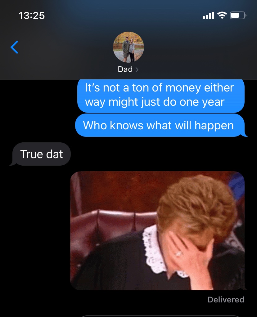 julia_mccane's tweet photo. when u ask your lawyer dad for legal advice and this is how he responds https://t.co/pkcnuJTYQY