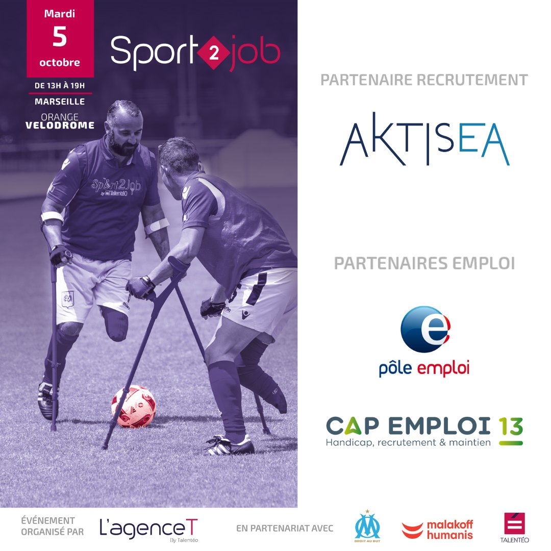 📆J-5 #Sport2Job Marseille

▶️ L'<a href="/agence_talenteo/">L'agenceT by Talentéo</a> a combiné son savoir-faire avec <a href="/AKTISEA/">AKTISEA</a>, partenaire recrutement, ainsi que @Poleemploi_13 / #CapEmploi13, partenaires #emploi, pour faire matcher les bons profils avec les bonnes entreprises ! 

lnkd.in/d4QgU2jM

#handicap