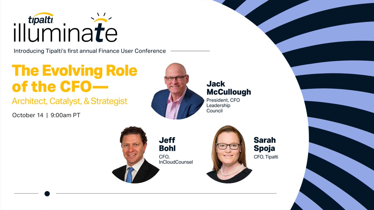 tipalti's tweet photo. Mark your calendars for our Illuminate conference on October 13 &amp; 14! 🚀Join us for insightful sessions like The Evolving Role of the CFO featuring Jack McCullough @CFOLeader, Jeff Bohl @InCloudCounsel, and Tipalti CFO Sarah Spoja.
Register: https://t.co/TCjETyuWks https://t.co/x8qf9DhHjT