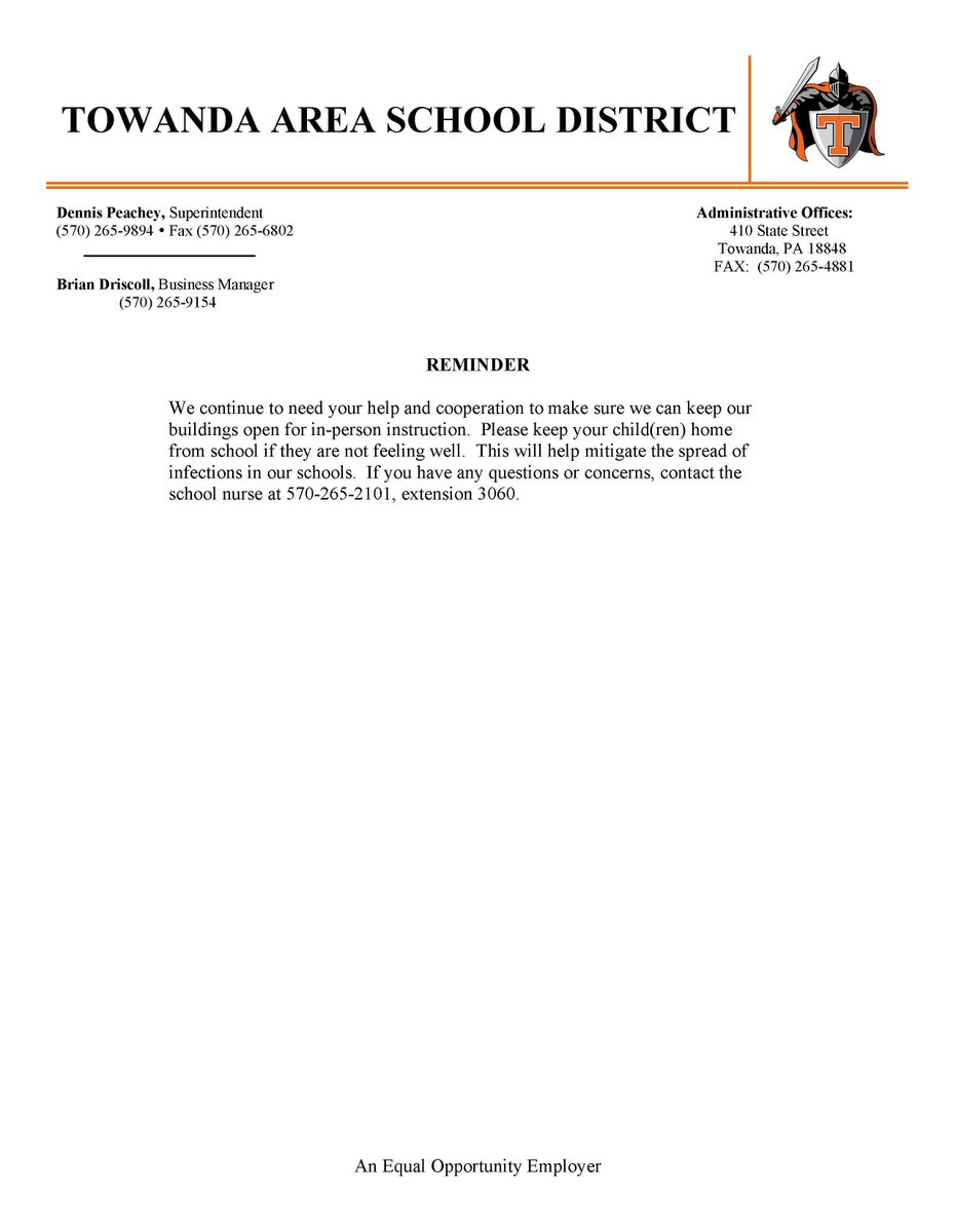 REMINDER - We continue to need your help and cooperation to make sure we can keep our buildings open for in-person instruction.  Please keep your child(ren) home from school if they are not feeling well.  This will help mitigate the edl.io/n1504085