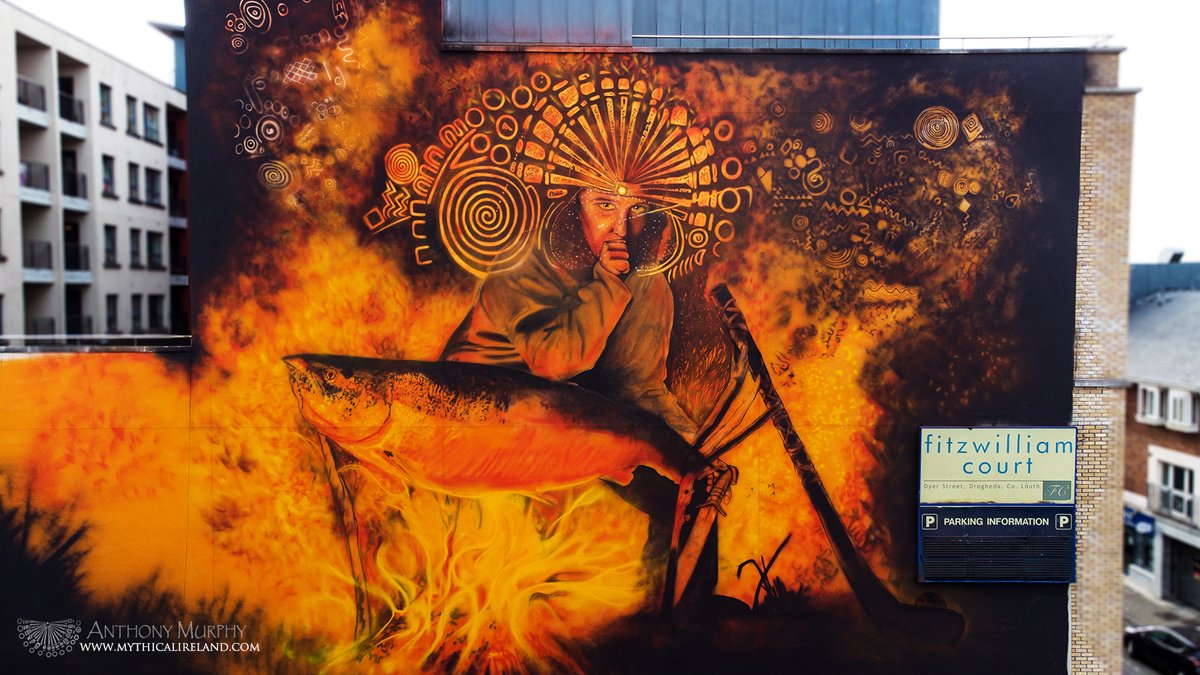Today's progress on the Salmon of Knowledge mural in Drogheda. Lots of fabulous detail beginning to emerge! Artist Ciarán Dunlevy is doing a fantastic job.
#lovedrogheda #murals #muralsofinstagram #mythology #BoyneValley #Drogheda #SalmonofKnowledge #artist #publicart