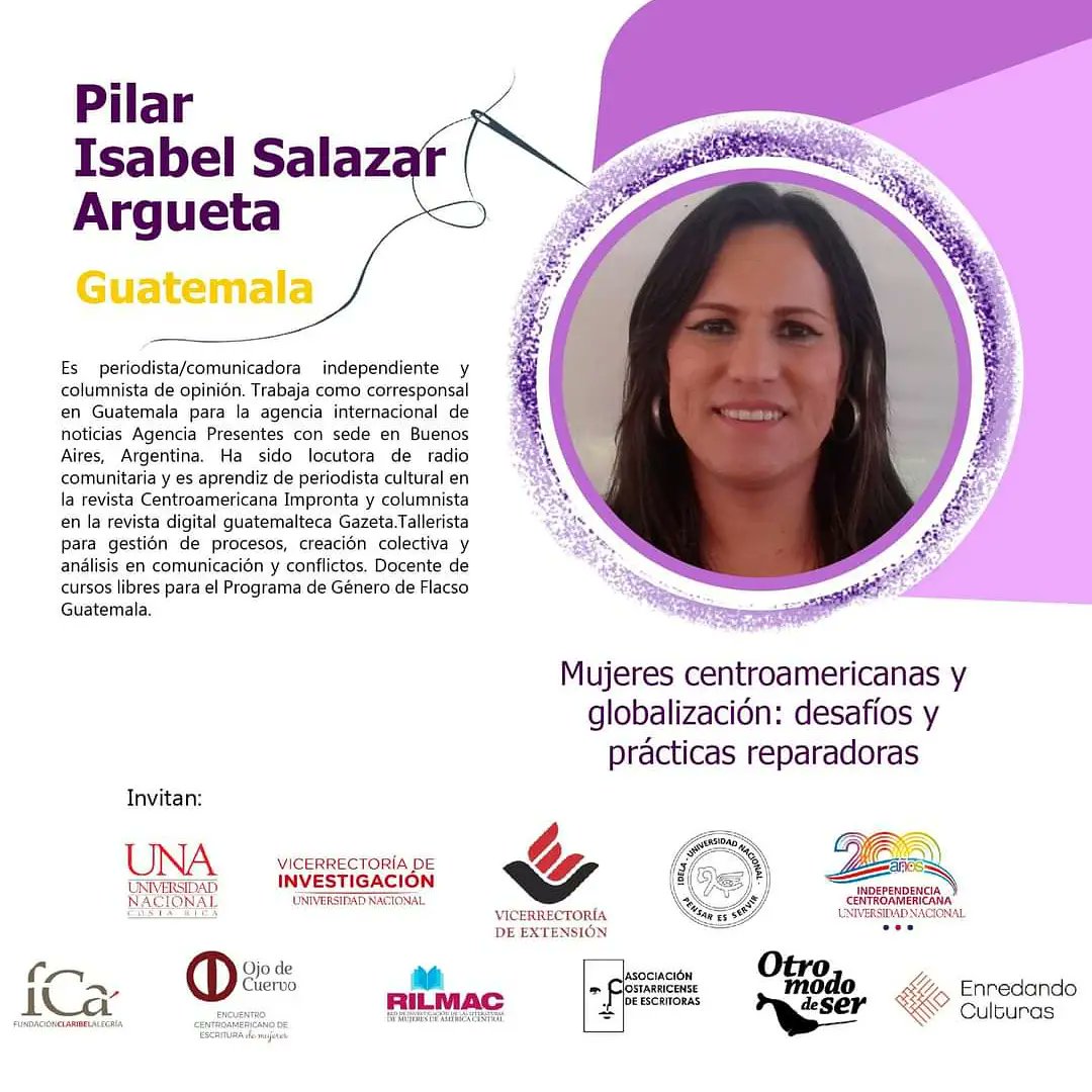 RILMAC_'s tweet photo. 📣 Continúa conociendo la programación de #OjoDeCuervo
 📅martes 5 - 2 pm. ( Centroamérica) 

 - MUJERES CENTROAMERICANAS Y GLOBALIZACIÓN: DESAFÍOS Y PRÁCTICAS REPARADORAS. Conoce a las participantes.

👉 Inscripciones y programa en https://t.co/ZcF1ebvgdG 💜✍️

@binaryandbeats https://t.co/zdOhmjIwFE