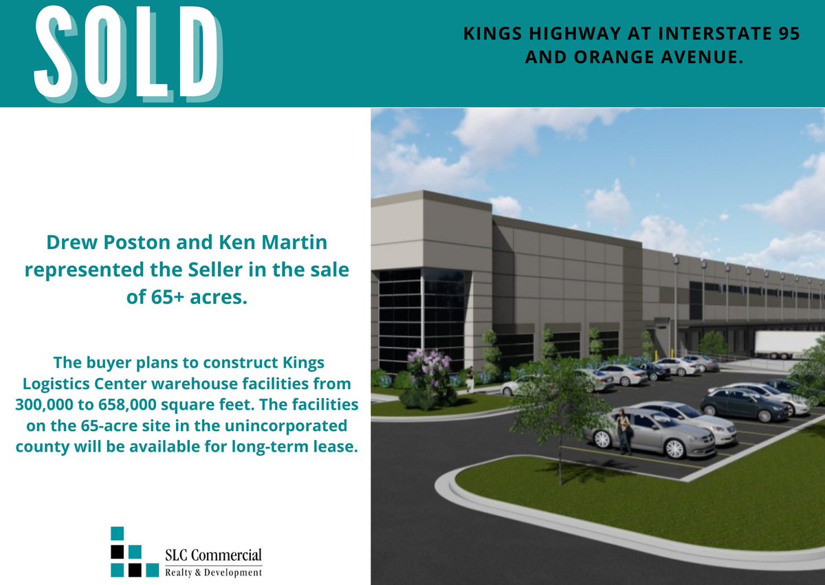 SLCCommercialre's tweet photo. SOLD: Drew Poston &amp; Ken Martin, CCIM represented the seller in the sale of 65+ acres on Kings Hwy at Interstate I-95 and Orange Ave. The buyer plans to construct Kings Logistics Center warehouse facilities. Read more on the future of the property here: https://t.co/JWq2foGHkm. https://t.co/qqhzXXT2md