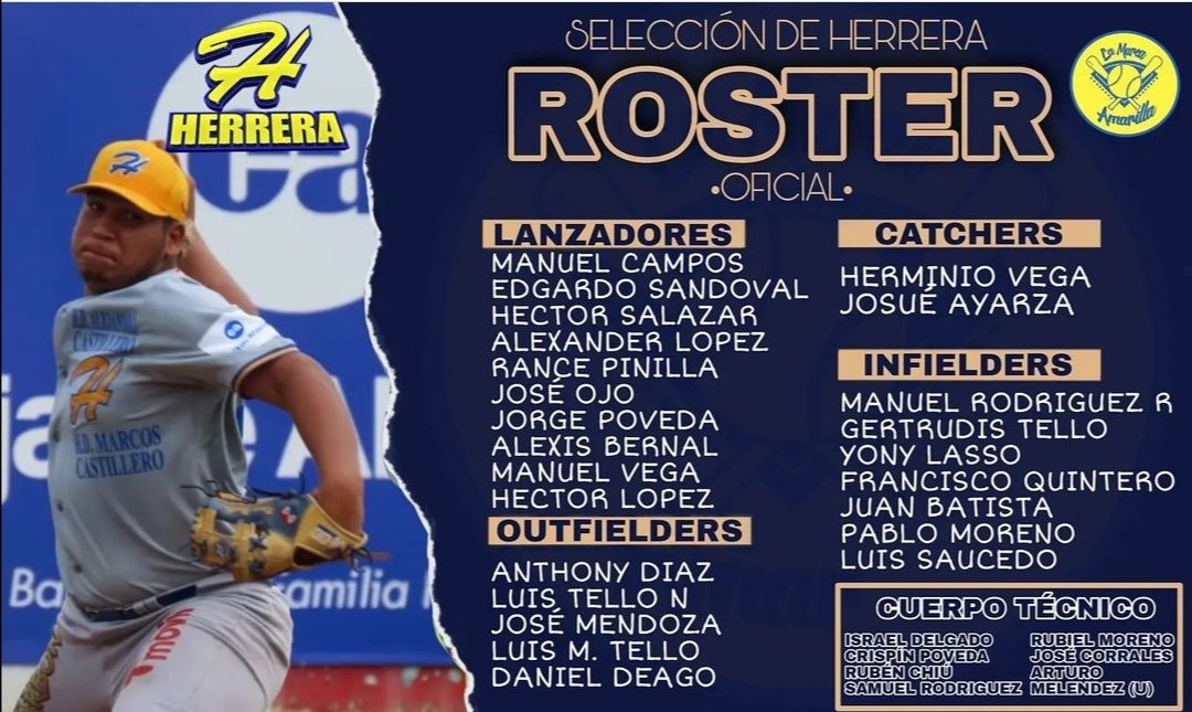 Roster oficial de la selección de Herrera para el campeonato Nacional de Béisbol 2021.
#BeisbolMayor

Fuente: @lamarea_amarilla6