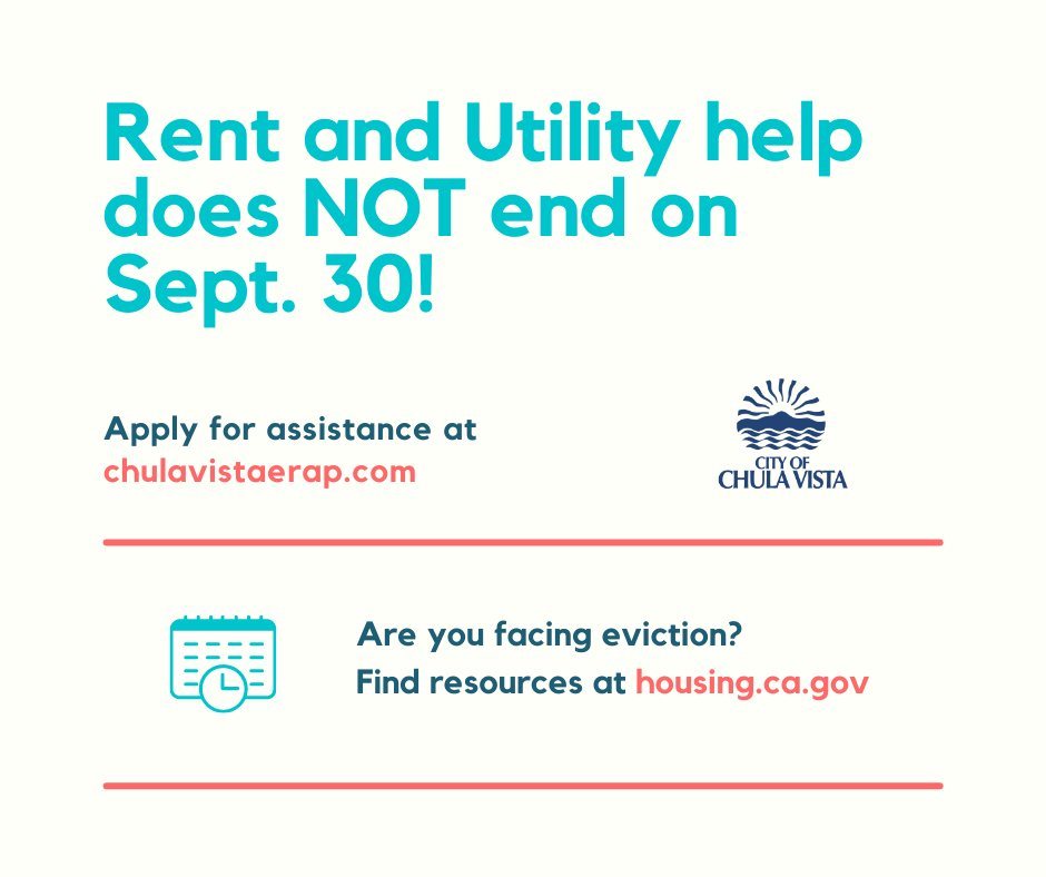 The COVID-19 rent relief program does NOT end 9/30! 
📝 Apply for rent &amp; utility help at chulavistaerap.com.
 
🏡 Are you facing eviction? Resources can be found at housing.ca.gov and through the Legal Aid Society of San Diego lassd.org

<a href="/SBCSSanDiego/">SBCS</a>