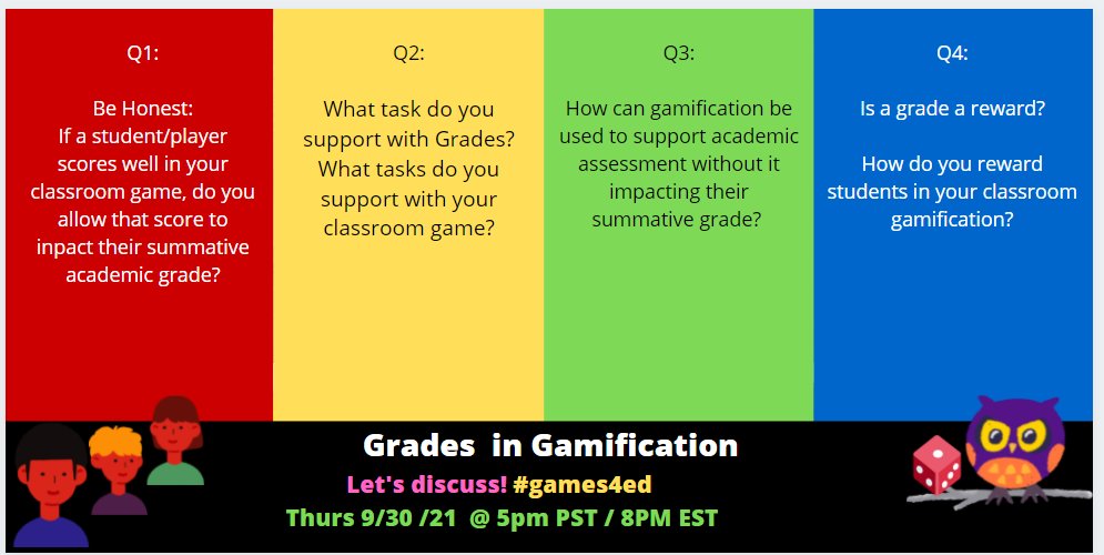 Join <a href="/GameifiedSchool/">Gamification Schoolhouse</a> for tonight's #games4ed chat 

Topic: Grades in Gamification

The fun starts at 8pmET/5pmPT