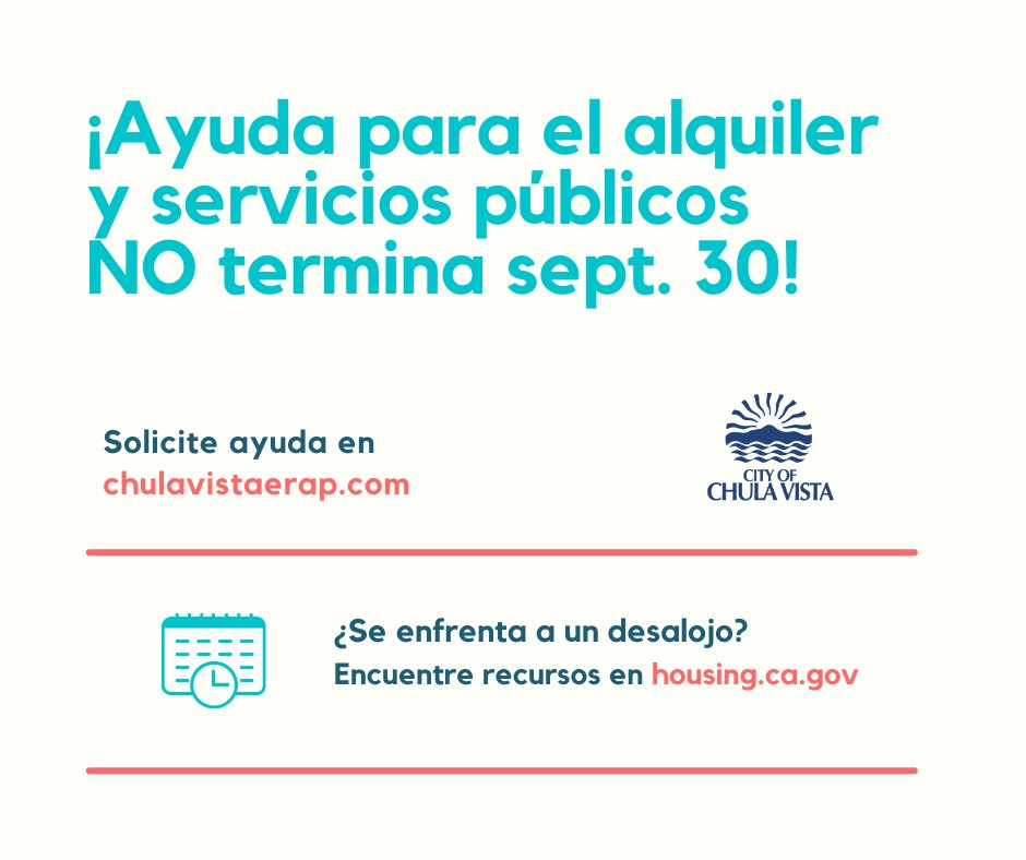 ¡El programa de asistencia para el alquiler de COVID-19 de California NO termina el 30 de septiembre! 📝 Solicite ayuda para el alquiler y los servicios públicos en chulavistaerap.com.

<a href="/SBCSSanDiego/">SBCS</a>