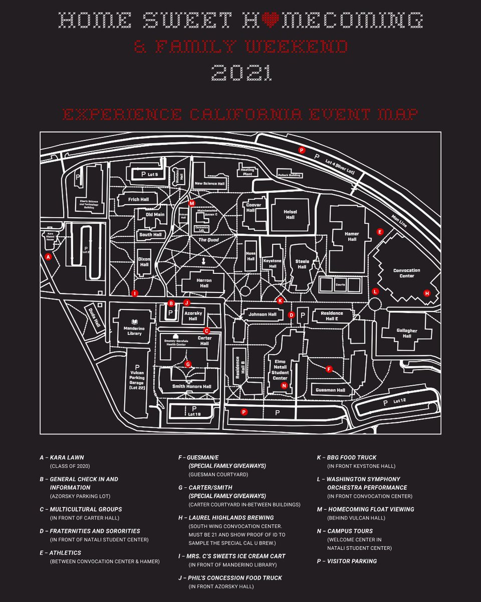We're 24 hours from Homecoming and Family Weekend begins. Keep this map handy throughout the weekend so you know where to go to take part in all the festivities. #CalUHomecoming2021.