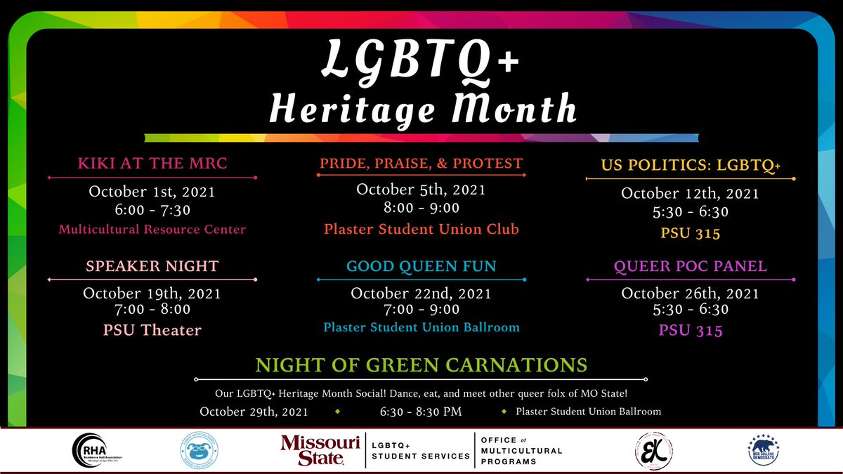 LGBTQ+ Heritage Month is here! Check it out <a href="/mostatelgbtq/">MO State LGBTQ+ Student Services</a> or on the graphic below!