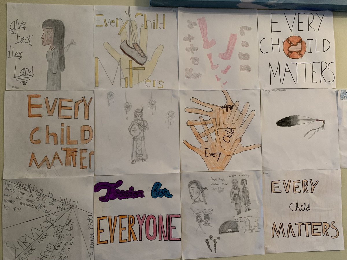 Students were inspired by the images and writings on the Witness Blanket in the Winnipeg Human Rights Museum to create a class memorial in honour of #OrangeShirtDay