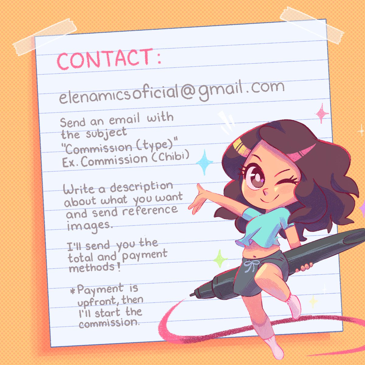 ✨Commissions Open✨
3 slots only at the moment!

Send an email to elenamicsoficial@gmail.com as specified in the 3rd image.

Thank you so much for your support! 💕 I'll notify here when all the slots are taken. c: 🌻 