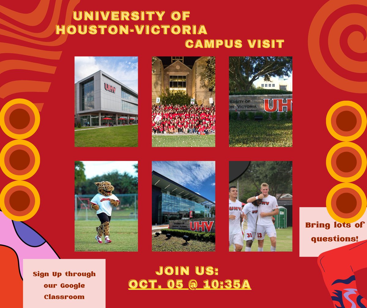 GoCenterPHS's tweet image. Interested in University of Houston-Victoria or Houston Baptist University? These schools will be on campus Tuesday of next week. Stop by the Go Center to sign up or fill out the form posted on our Google Classroom! 
#UHV #hbuhuskies