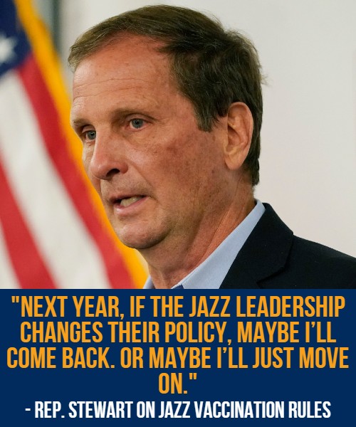 Despite being vaccinated, Rep. Chris Stewart says he will boycott the Jazz over the team's vaccination policy for fans. bit.ly/2Wv6hLu