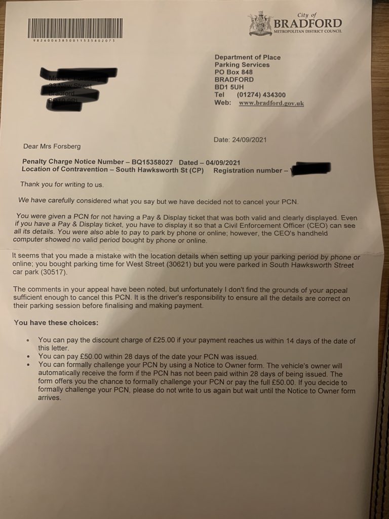 Laurasoprano's tweet photo. @bradfordmdc myself and my @EllieLawford were given parking tickets whilst visiting Ilkley. We parked next to each other and were both misled by the poor signage and used the wrong location code when paying on the @RingGo_parking app. Look at the inconsistency in the responses!! https://t.co/nsj9nScZOK