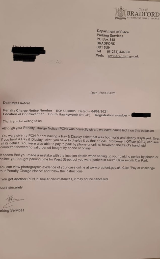 Laurasoprano's tweet photo. @bradfordmdc myself and my @EllieLawford were given parking tickets whilst visiting Ilkley. We parked next to each other and were both misled by the poor signage and used the wrong location code when paying on the @RingGo_parking app. Look at the inconsistency in the responses!! https://t.co/nsj9nScZOK