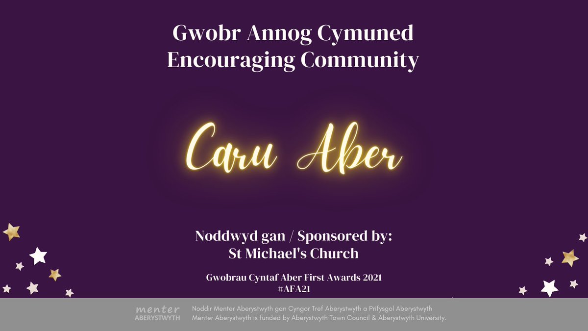 And our final award of the night goes to the amazing Caru Aber, doing great work in encouraging the community in #Aberystwyth. Da iawn chi, a llongyfarchiadau!

We'll be back shortly... with our Overall Winner! #AFA2021